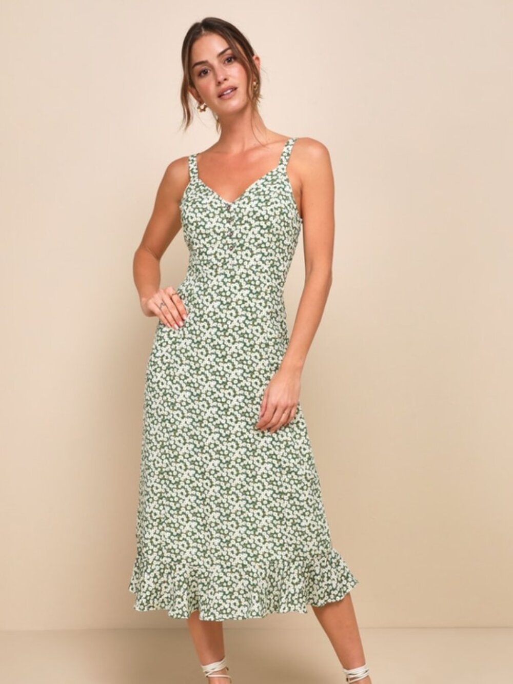 Lulus Darling Daisies Green Floral Print Midi Dress - Size M